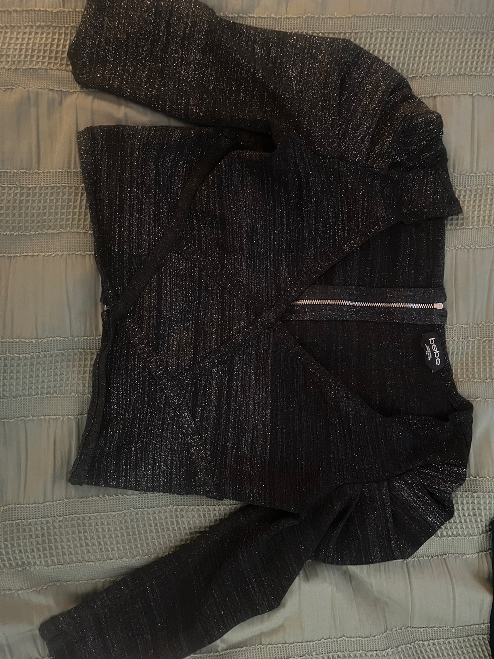 bebe Black Metallic Zip-Front V-Neck Sweater